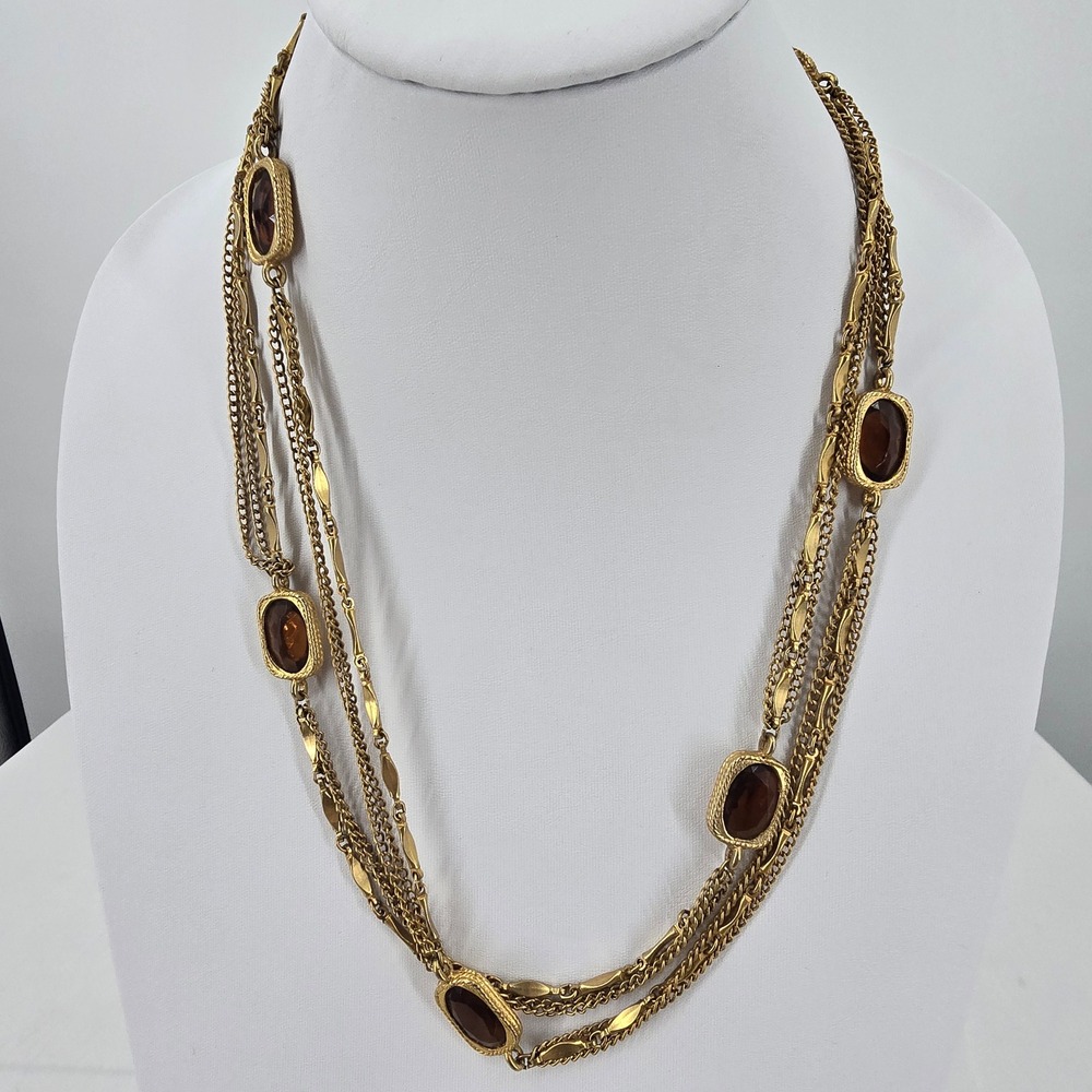 Sarah Coventry Vintage Necklace Gold Tone Multi Strand Amber Glass Stone - Picture 10 of 10